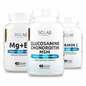 SOLAB / Набор витаминов:  Глюкозамин+Хондроитин+МСМ 90 капсул,  Магний+В6 120 капсул,  витамин С 60 капсул