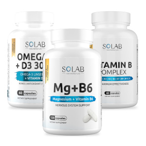 SOLAB / Набор витаминов. Omega-3+Витамин Д3 600МЕ 60 капсул + Магний + Витамин В6 120 капсул + подарок Витамины группы В 60 капсул