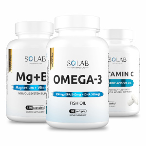 SOLAB / Набор витаминов. Omega-3 90 капсул + Магний+В6 120 капсул + подарок Витамин С 60 капсул
