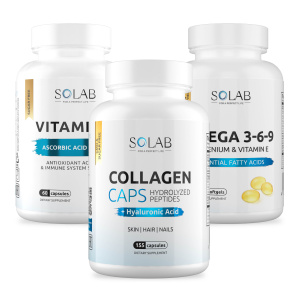 SOLAB / Набор витаминов. Omega 3-6-9 60 капсул + Коллаген+гиалуроновая кислота 155 капсул + подарок Витамин С 60капсул