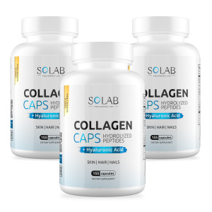SOLAB / Коллаген в капсулах + Гиалуроновая кислота + Витамин С, 155 капсул. Набор из 3-х банок