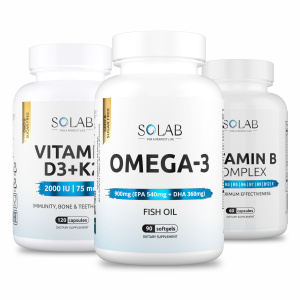 SOLAB / Набор витаминов. Omega-3 90 капсул+ Витамин Д3+К2 120 капсул + Витамины группы В 60 капсул
