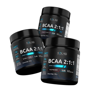 SOLAB / Набор 3х, BCAA 2:1:1 Вкусы: Бабл гам, Малина, Фруктовый пунш, 180 гр