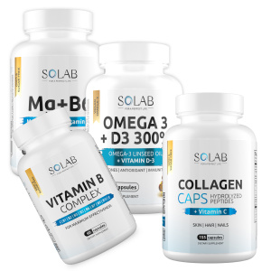 SOLAB / Набор витаминов. Omega-3 + D3 600 МЕ 60 капсул + Коллаген с витамином С 155 капсул + Магний 120 капсул + подарок Витамин В6 60 капсул