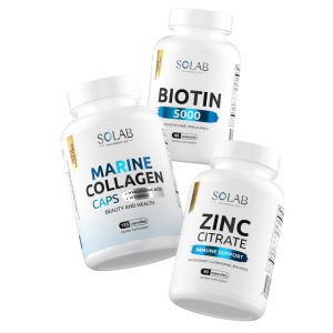 SOLAB / Набор витаминов. Коллаген морской с гиалуроновой кислотой и витамином С  155 капсул + Биотин 60 капсул + Цинк  90 капсул