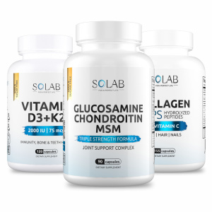 SOLAB / Набор добавок для здоровья суставов. Глюкозамин+Хондроитин+MSM, 90 капсул + Коллаген+Витамин С, 155 капсул + Витамин Д3+К2, 120 капсул