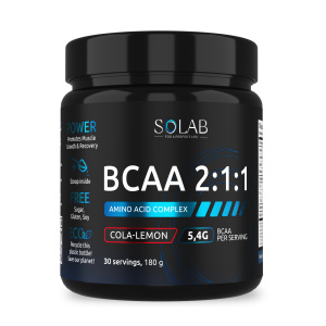 SOLAB / Незаменимые аминокислоты BCAA 2:1:1, для восстановления и роста мышечной массы, Вкус Кола-лимон, банка 180г. 30 порций.