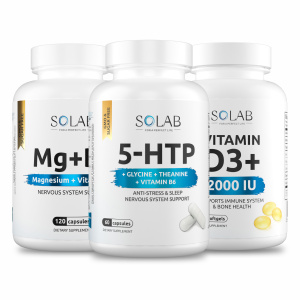 SOLAB / Набор витаминов. 5-НТР с глицином 60 капсул + Магний+В6 120 капсул + витамин Д3 2000МЕ 120 капсул 