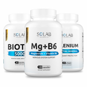 SOLAB / Набор витаминов. Биотин 60 капсул+ Магний+В6 120 капсул + Селен 60 капсул
