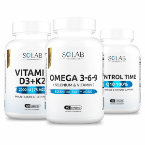 SOLAB / Набор витаминов. Omega 3-6-9 60 капсул + Контрол тайм  60 капсул + Витамин Д3+К2 120 капсул