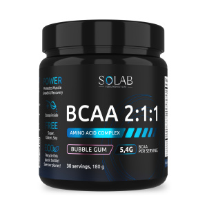 SOLAB / Незаменимые аминокислоты BCAA 2:1:1, для восстановления и роста мышечной массы, Вкус Бабл гам, банка 180г. 30 порций.