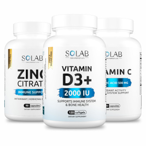 SOLAB / Набор для иммунитета: Цинк цитрат  90 капсул + Витамин С 500 мг 100 капсул + Витамин D3 2000 МЕ 120 капсул