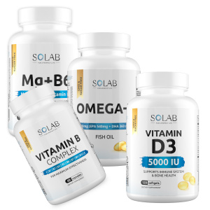 SOLAB / Набор витаминов. Omega-3 90 капсул + Витамин Д3 5000 ME 120капсул + Магний +В6 120капсул + Витамины группы В 60капсул.