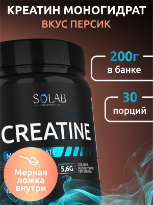 SOLAB / Креатин моногидрат, Creatine Monohydrate.  Вкус Персик, 200 гр. 30 порций
