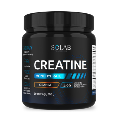 SOLAB / Креатин моногидрат, Creatine Monohydrate, Вкус Апельсин, Банка 200 гр. 30 порций.