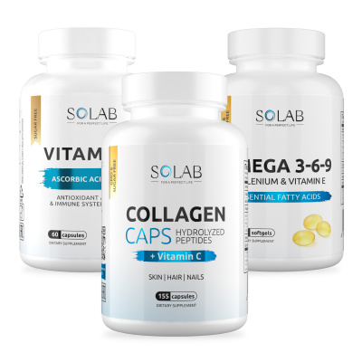 SOLAB / Набор витаминов. Omega 3-6-9 60 капсул + Коллаген с витамином С 155 капсул + подарок Витамин С 60 капсул
