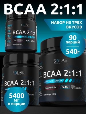 SOLAB / Набор 3х, BCAA 2:1:1 Вкусы: Бабл гам, Малина, Фруктовый пунш, 180 гр