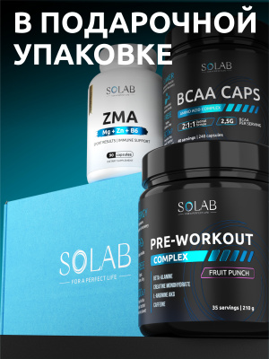 SOLAB / Набор для спорта. BCAA 2:1:1 240 капсул + Предтренировочный комплекс, вкус Фрукт пунш 35 порций + подарок ZMA  90 капсул