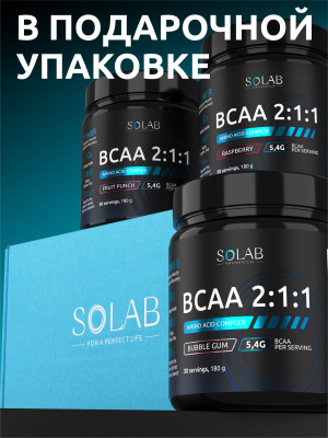 SOLAB / Набор 3х, BCAA 2:1:1 Вкусы: Бабл гам, Малина, Фруктовый пунш, 180 гр