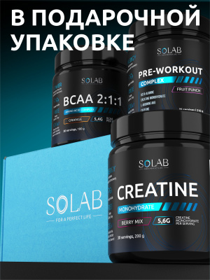 SOLAB / Набор витаминов. Креатин вкус Лесные ягоды, 200г + Предтренировочный комплекс вкус Фруктовый пунш, 210г + ВСАА 2:1:1 вкус Апельсин, 180г