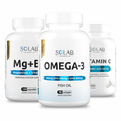 SOLAB / Набор витаминов. Omega-3 90 капсул + Магний+В6 120 капсул + подарок Витамин С 60 капсул