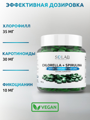 SOLAB / Хлорелла + спирулина в таблетках, 100 грамм