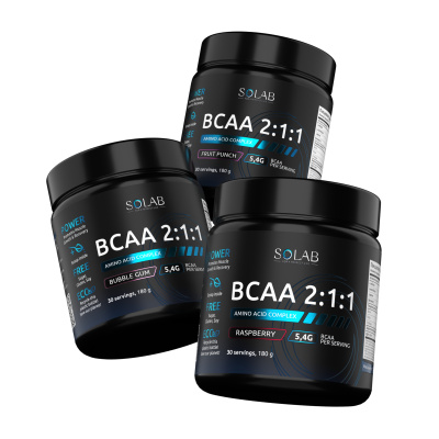 SOLAB / Набор 3х, BCAA 2:1:1 Вкусы: Бабл гам, Малина, Фруктовый пунш, 180 гр