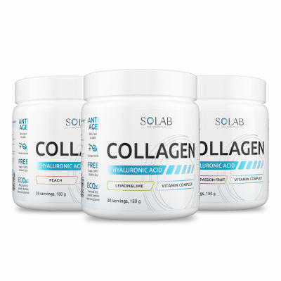 SOLAB / Набор Коллагенов с витамином С и гиалуроновой кислотой. 3 вкуса: Лимон-лайм, Манго-маракуйя, Персик,180 г.